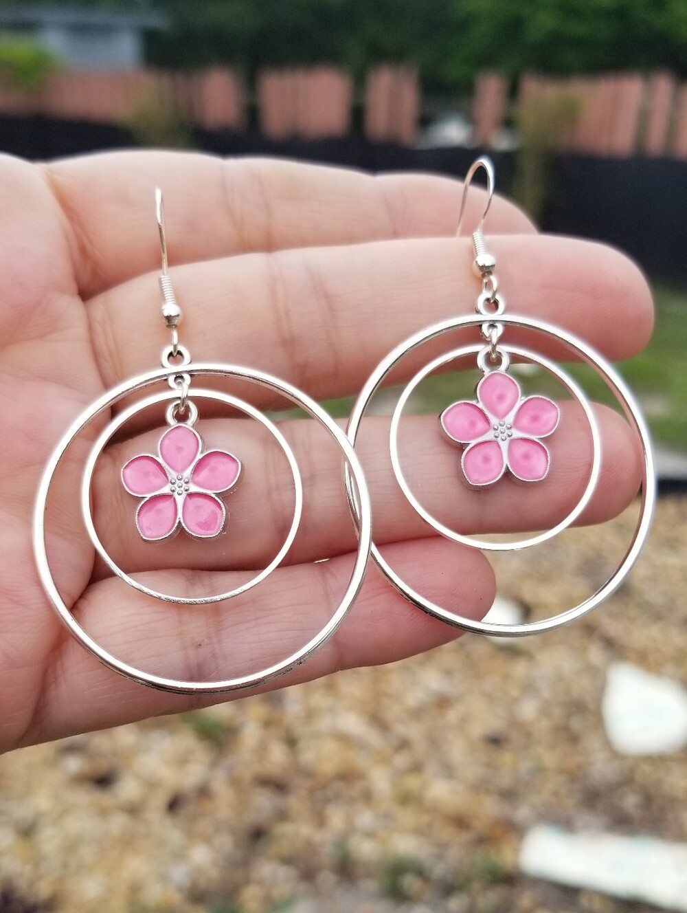 Silver Double Hoop Floral Dangle Earrings, Pink Flower Dangle Earrings